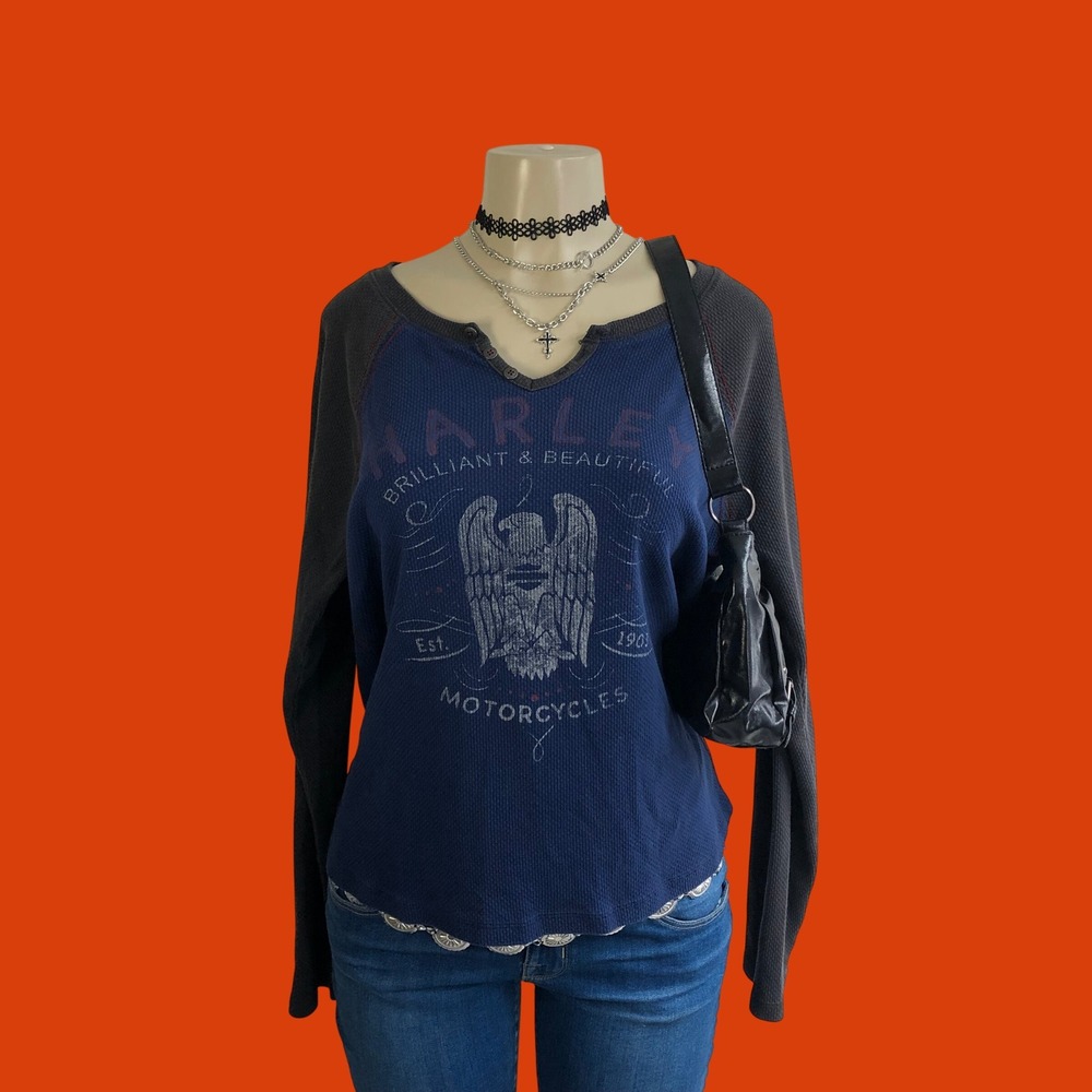 Vintage Y2K Harley Davidson Thermal Top Henley Eagle Graphic Raglan Womens XL